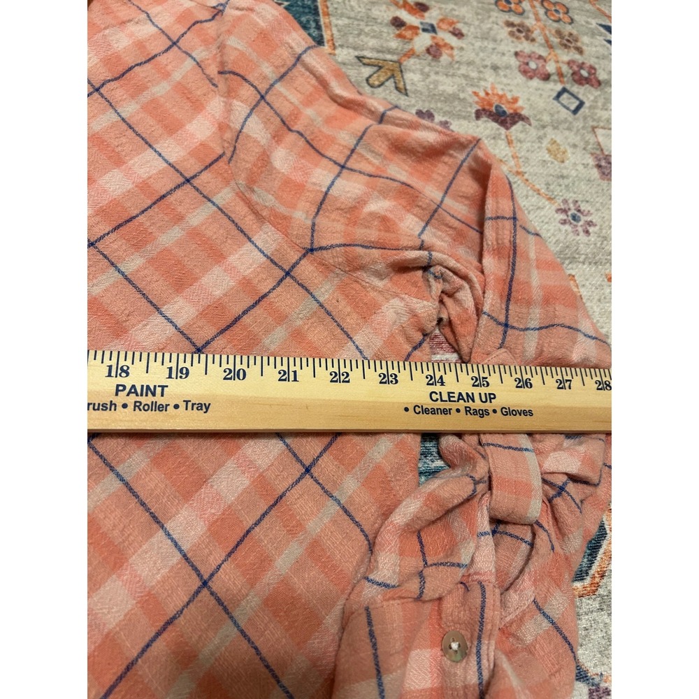 Soft Surroundings 2X Pink Peach Vneck tunic cotton plaid Lagen beach cottage top - Picture 7 of 9